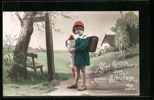 AK Mädchen mit Zuckertüte zum Schulanfang