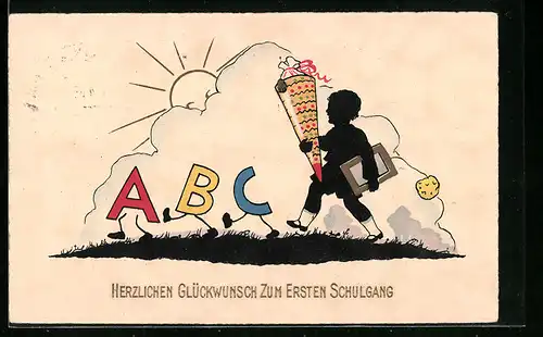 AK Glückwünsche zum Schulanfang, Kind mit Zuckertüte