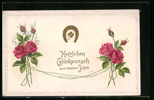 AK Glückwünsche zum neuen Jahre, Rosen und Hufeisen