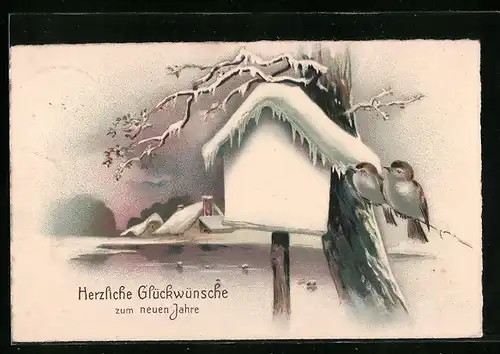 AK Glückwünsche zum neuen Jahre, Vögel im Schnee