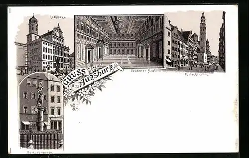 Lithographie Augsburg, Rathaus, Goldener Saal, Merkurbrunnen