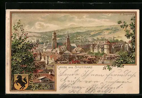 Lithographie Stuttgart, Ortsansicht aus der Vogelschau, Stadtwappen