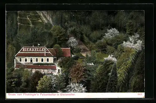 AK Gleisweiler, Gasthaus Flickingers Felsenkeller aus der Vogelschau