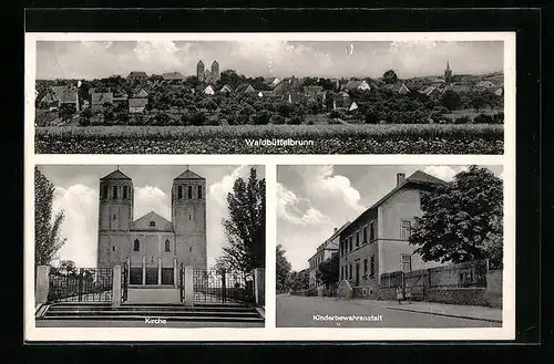 AK Waldbüttelbrunn, Panorama des Ortes, Kinderbewahranstalt und Kirche