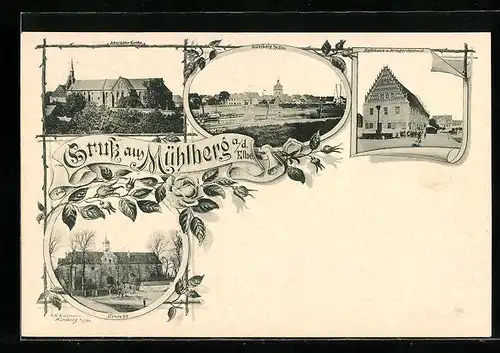 AK Mühlberg a. d. Elbe, Schloss, Teilansicht, Rathaus und Kriegerdenkmal, Altstädter Kirche