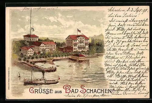 Lithographie Bad Schachen bei Lindau, Ortsansicht mit Dampfer und Hotels