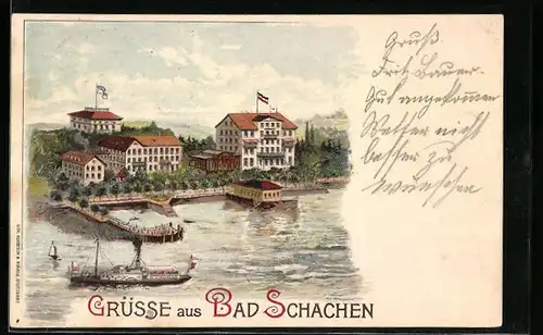 Lithographie Bad Schachen bei Lindau, Ortsansicht mit Hotels, Bodenseedampfer