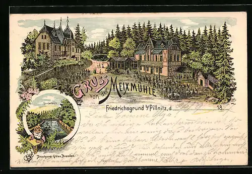 Lithographie Dresden-Pillnitz, Gasthaus Meixmühle im Friedrichsgrund
