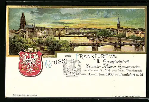 Lithographie Frankfurt a. M., Panorama mit Kirche, Wappen