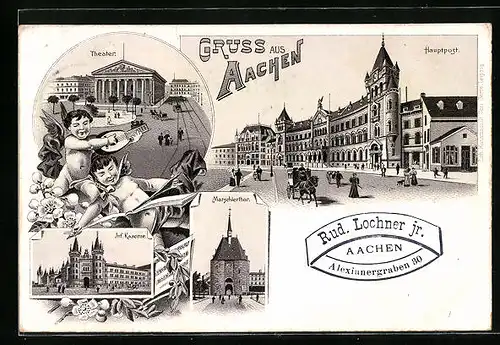 Lithographie Aachen, Hauptpost, Theater, Infanterie-Kaserne, Marschierthor
