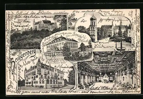 Lithographie Heiligenberg, Schloss, Hotel und Pension Winter, Hotel und Pension z. Post