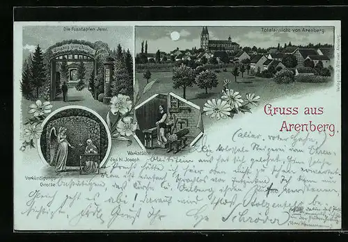 Mondschein-AK Arenberg, Die Fussstapfen Jesu, Totalansicht, Werkstätt des hl. Joseph, Verkündigungs-Grotte