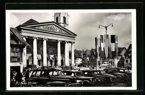 AK Dornbirn, Ausstellung, Platz mit Kirche und Flaggen