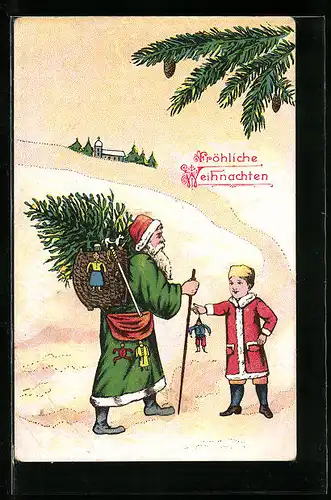 AK Weihnachtsmann trifft auf Jungen im Schnee