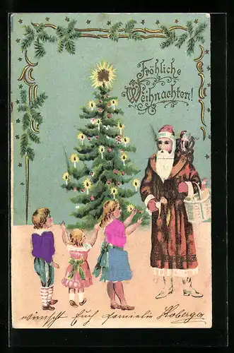 Präge-AK Weihnachtsmann mit Kindern