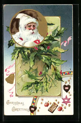 AK Weihnachtsmann mit Stechpalmenzweig und Gebäck, Lebkuchen