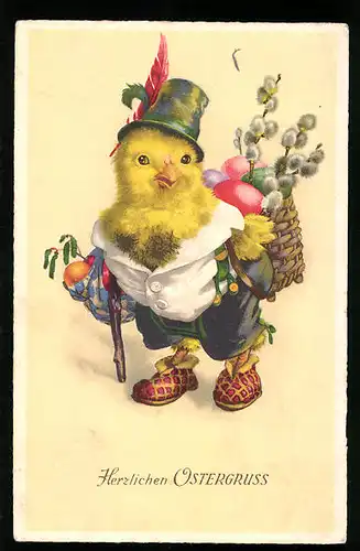 AK Osterküken mit Korb voller Ostereiern
