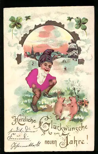 Lithographie Zwerg, Tanz im Schnee mit Schweinen vor der Ortschaft, Kleeblätter