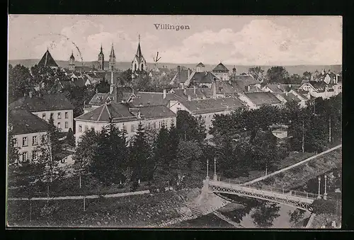 AK Villingen, Ortsansicht mit Brücke und Kirche