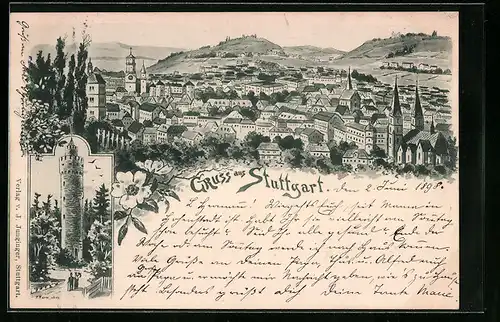 Lithographie Stuttgart, Ortsansicht mit Turm