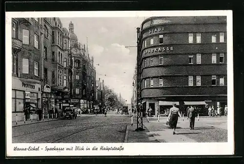 AK Wanne-Eickel, Sparkasse mit Blick in die Hauptstrasse
