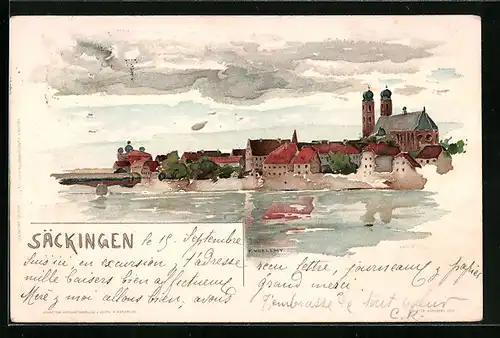 Lithographie Säckingen, Ansicht mit Gewässer