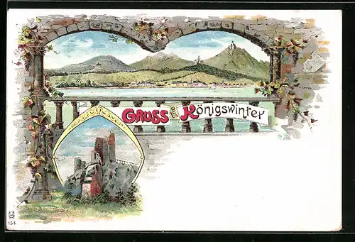 Lithographie Königswinter, Blick auf Berge und Burg