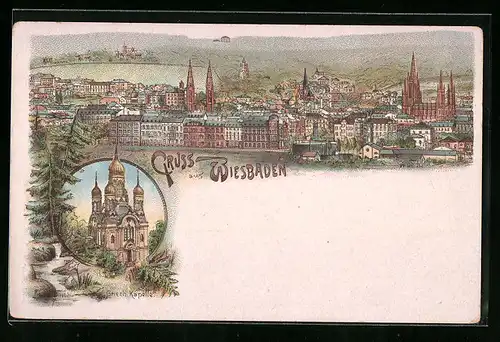 Lithographie Wiesbaden, Ortsansicht mit griech. Kapelle
