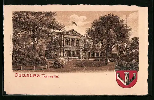 Lithographie Duisburg, Tonhalle mit Bäumen