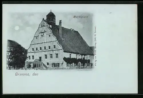 Mondschein-AK Grimma, Rathaus am Marktplatz