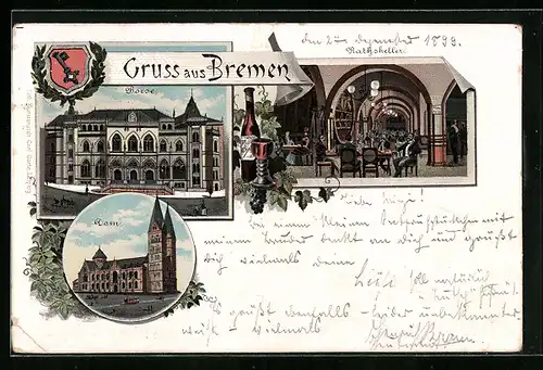 Lithographie Bremen, Börse, Rathskeller, Dom