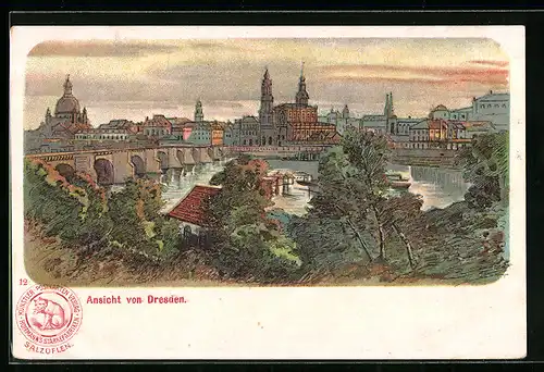 Lithographie Dresden, Stadt bei Abendlicht