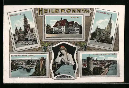 AK Heilbronn a. N., Partie am Neckar, Kilianskirche, Rathaus