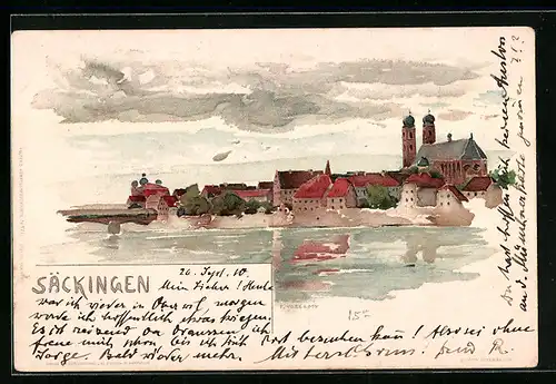 Lithographie Säckingen, Bewölkte Ortsansicht