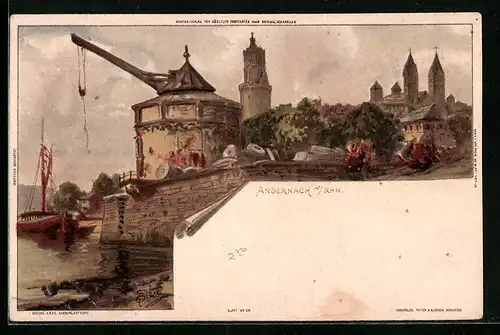Lithographie Andernach a. Rhn., Ansicht Hafen und Kirche