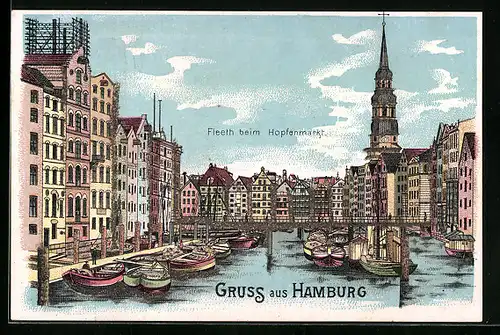 Lithographie Hamburg, Fleeth beim Hopfenmarkt