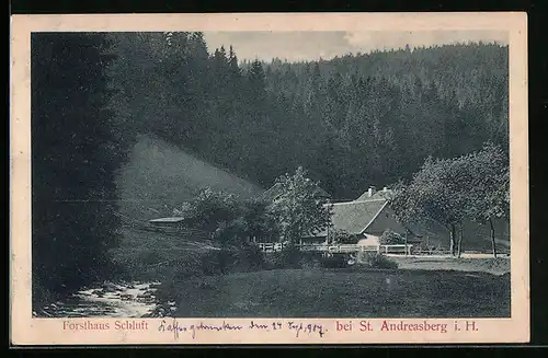 AK St. Andreasberg i. H., Forsthaus Schluft mit Fluss