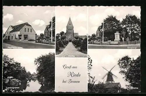 AK Riede /Bremen, Mühle, Ehrenmal, Kirche