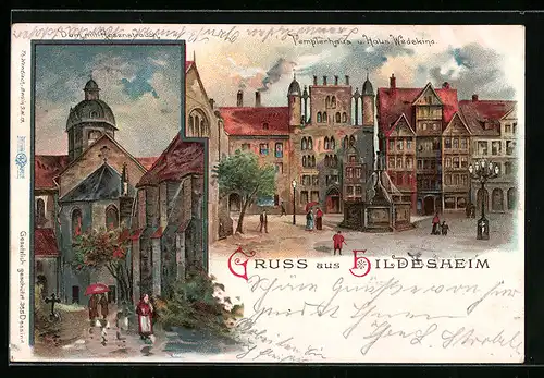 Lithographie Hildesheim, Templerhaus und Haus Wedekind, Dom