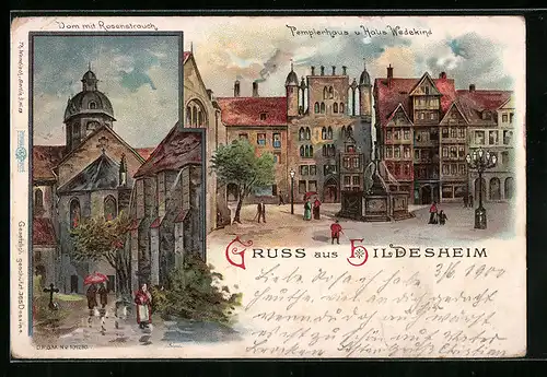Lithographie Hildesheim, Pemplerhaus u. Haus Wedekind, Dom