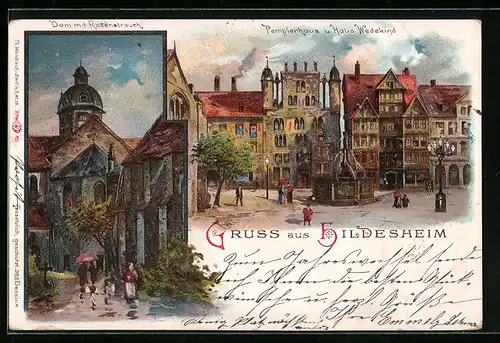 Lithographie Hildesheim, Dom mit Rosenstrauch, Pemplerhaus