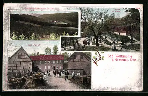 AK Bad Walkmühle b. Eisenberg i. Thür., Veranda mit Garten, Mühle