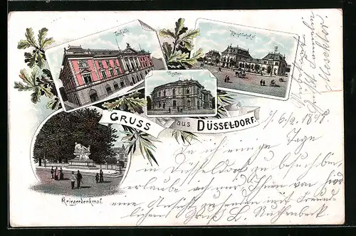 Lithographie Düsseldorf, Hauptbahnhof, Theater, Kriegerdenkmal