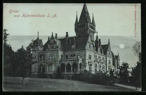 Mondschein-AK Hummelshain, Blick auf das Schloss