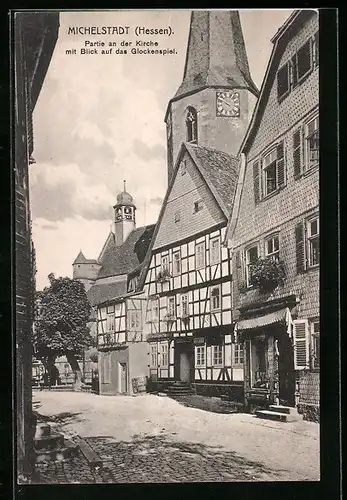 AK Michelstadt /Hessen, Partie an der Kirche mit Glockenspiel