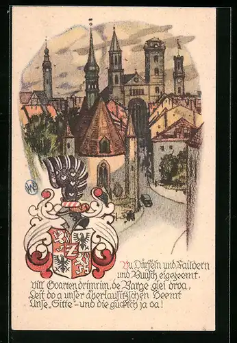 Künstler-AK Zittau, Blick nach den Türmen der Stadt