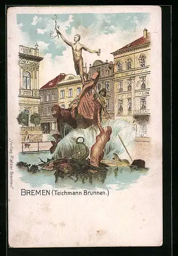 Lithographie Bremen, Der Teichmann Brunnen
