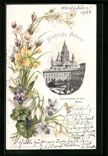 Passepartout-Lithographie Mainz, Gutenbergplatz und Dom, Blumen