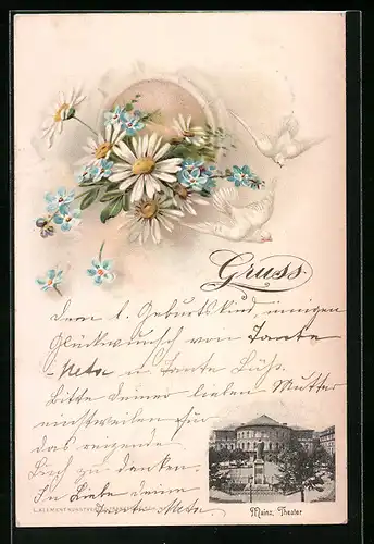 Künstler-AK Mainz, Theater, Blumen und Tauben