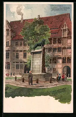 Künstler-AK Braunschweig, Burgplatz mit Löwendenkmal und Huneborstelschem Haus